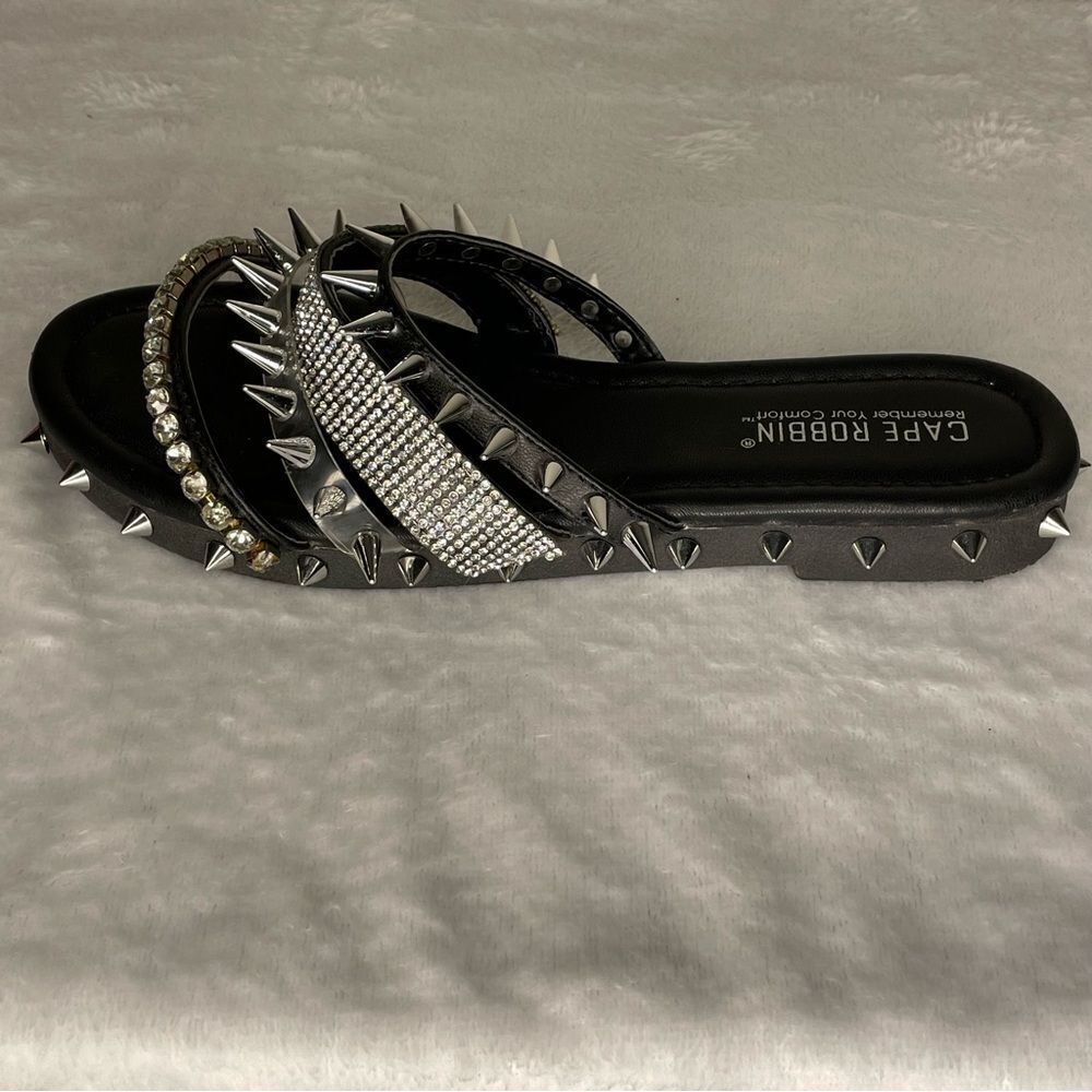 CAPE ROBBIN XTREME SLIDES Shoes Silver Metal with spikes and rhinestones BLACK 6 - Picture 6 of 10